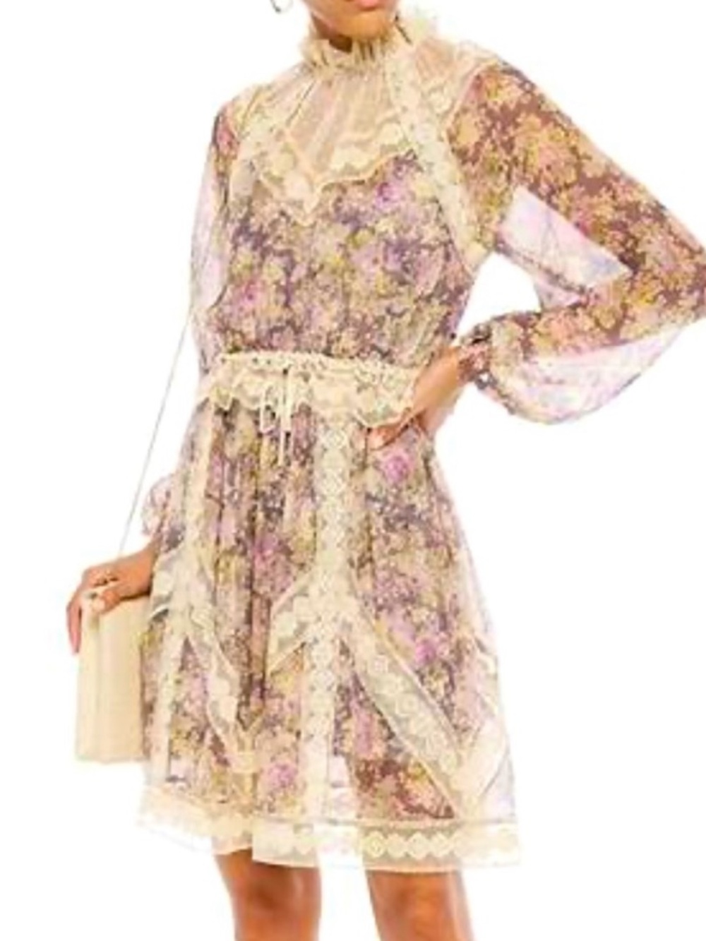 Zimmermann Lavender and Cream Floral Lace-Trim Long Sleeve Dress